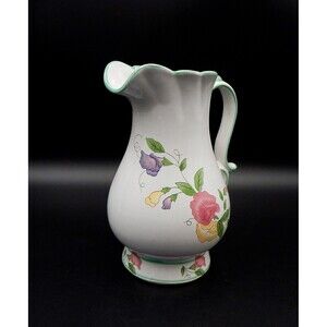 White Flowered Ceramic Water Pitcher Jug Transferware 9 Inch Vase